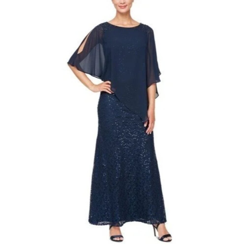 SLNY Formal Women's Chiffon Overlay Sequin Lace Gown Navy Blue 6 NEW $169